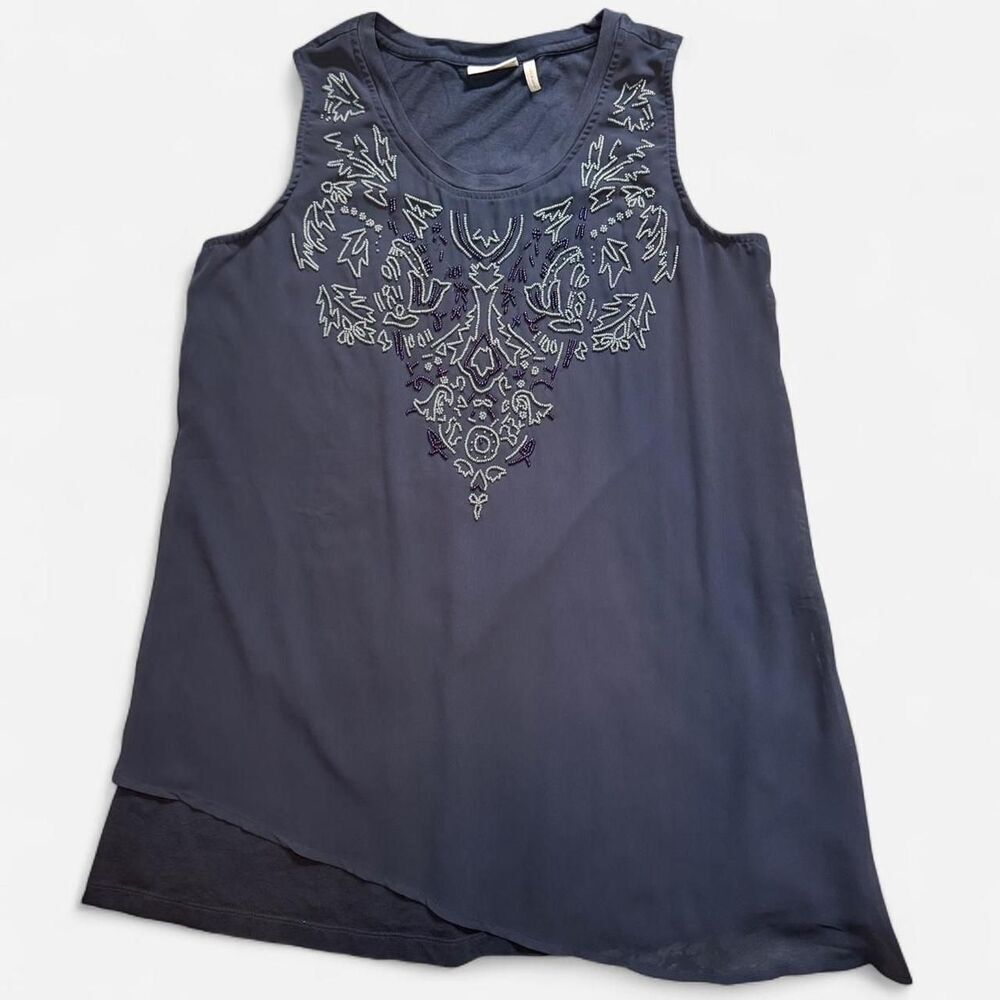 Grey Beaded Asymmetrical Flowy Tank Top; Size Medium